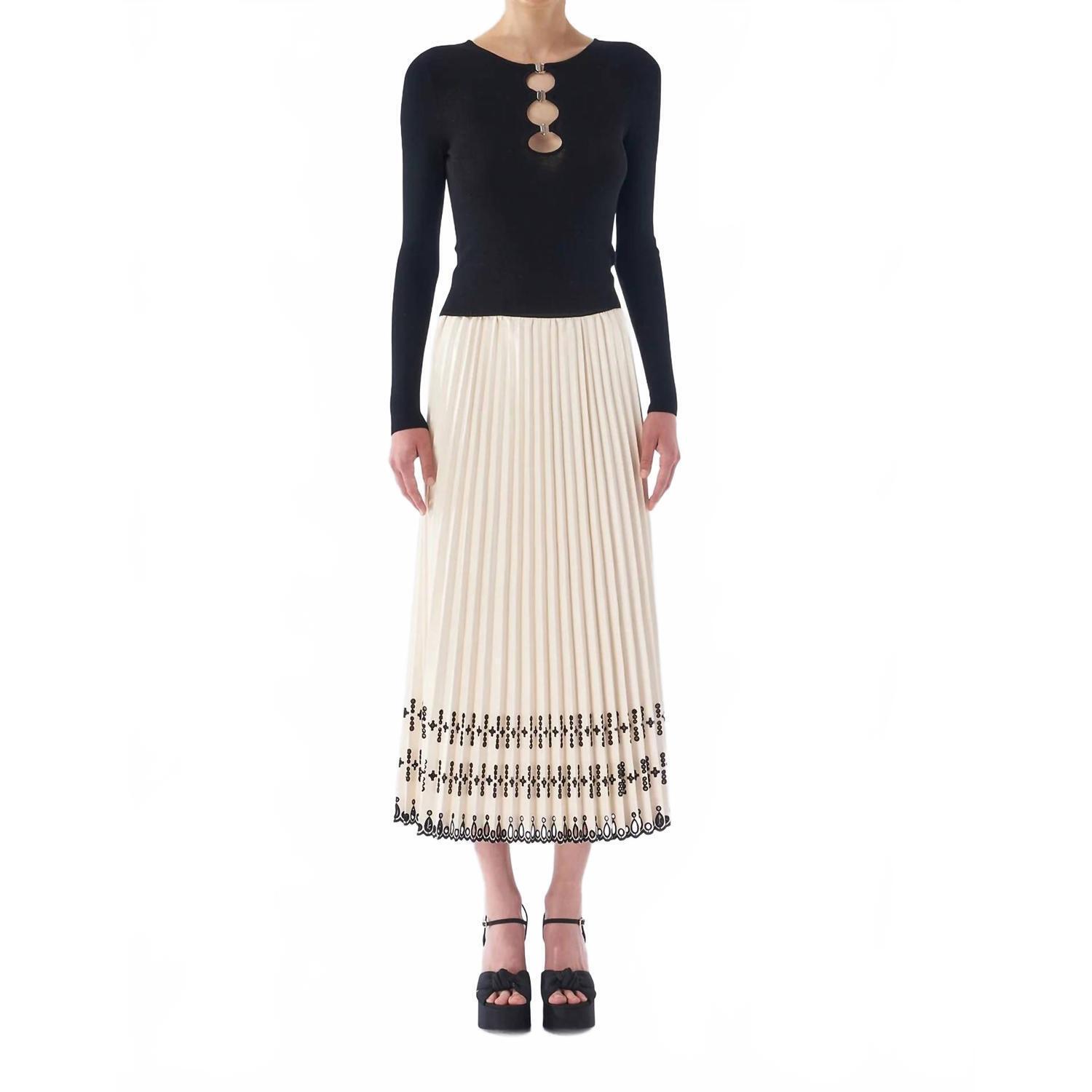 New Le Superbe Pleated Faux Leather Skirt In Ivory / Black Eyelet